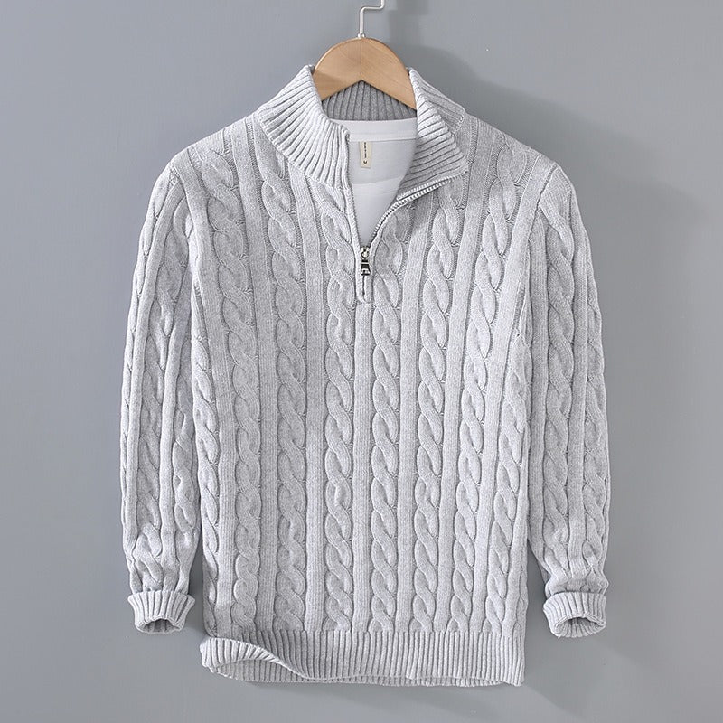 Stand Collar Half Zipper Cotton Thickened Fried Dough Twists Knit Shirt Large Men's Autumn/Winter High Collar Twisted