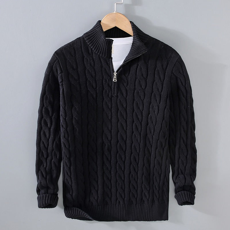 Stand Collar Half Zipper Cotton Thickened Fried Dough Twists Knit Shirt Large Men's Autumn/Winter High Collar Twisted