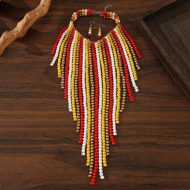 African Wood Beads Multi-layer Tassel Necklace Earrings Set Bohemia Colorful Beaded Choker for Women Jewelry Set Wedding Party