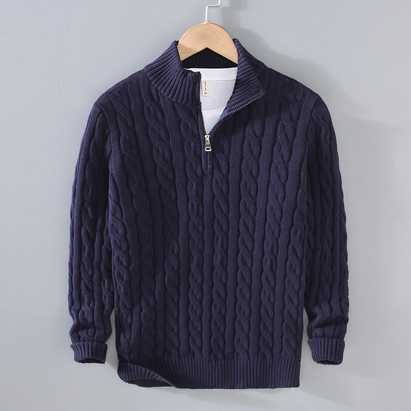 Stand Collar Half Zipper Cotton Thickened Fried Dough Twists Knit Shirt Large Men's Autumn/Winter High Collar Twisted