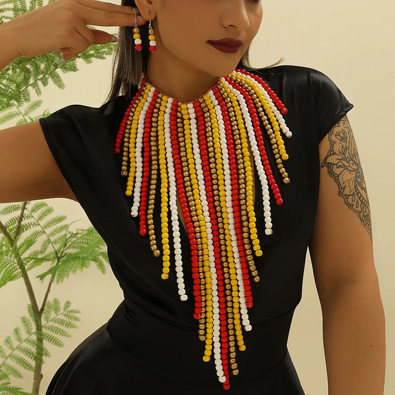 African Wood Beads Multi-layer Tassel Necklace Earrings Set Bohemia Colorful Beaded Choker for Women Jewelry Set Wedding Party