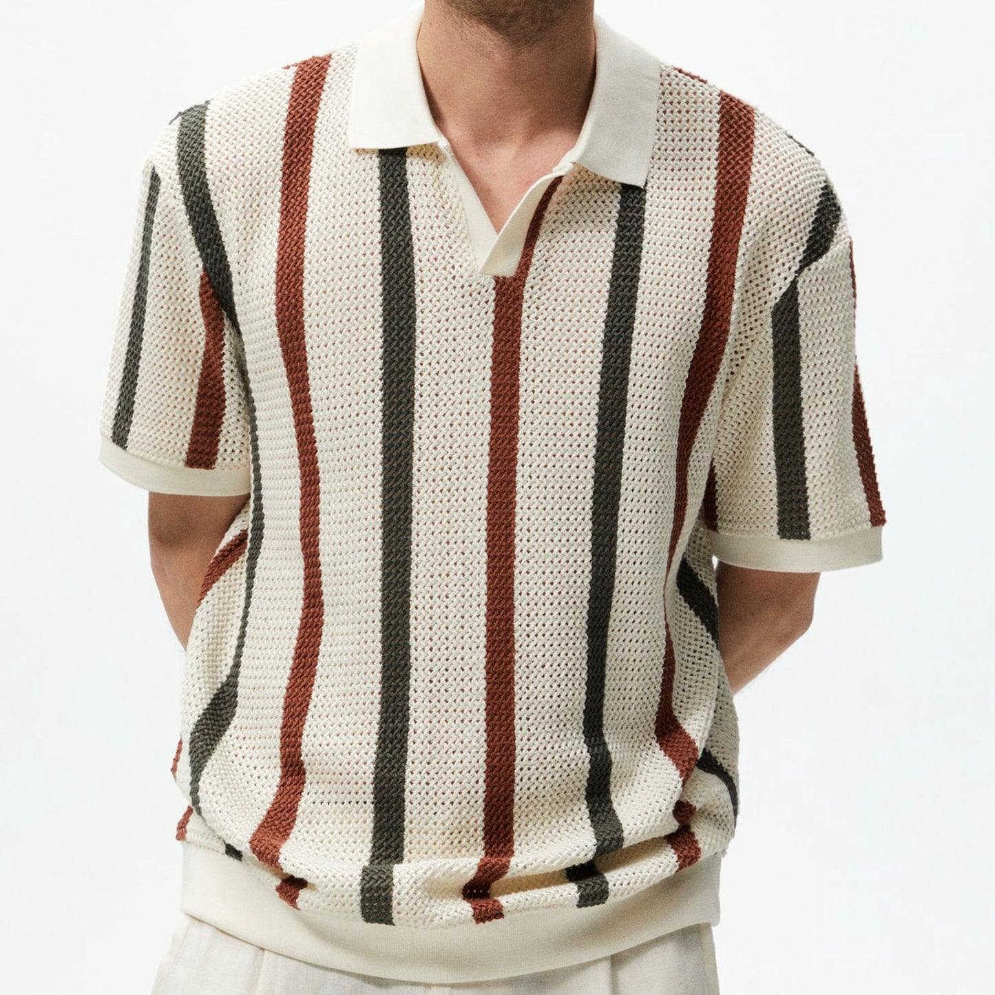 Thick needle hollowed out knit shirt with striped contrasting color woolen casual polo shirt as a Father's Day gift