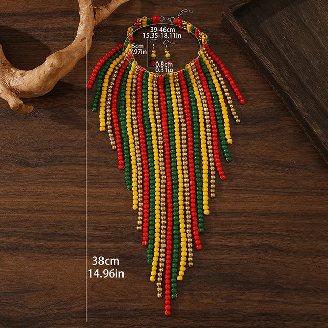 African Wood Beads Multi-layer Tassel Necklace Earrings Set Bohemia Colorful Beaded Choker for Women Jewelry Set Wedding Party